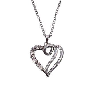 NWT AU 925 Sterling Silver Rhinestone Double Heart Pendant Chain Necklace